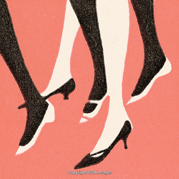 Elegant Illustration of Women Walking with Stylish Footwear on Coral Background