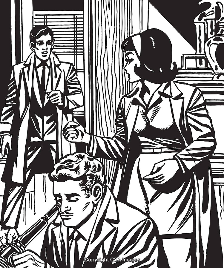 Vintage Noir Illustration Depicting Suspenseful Scene with Detective Characters