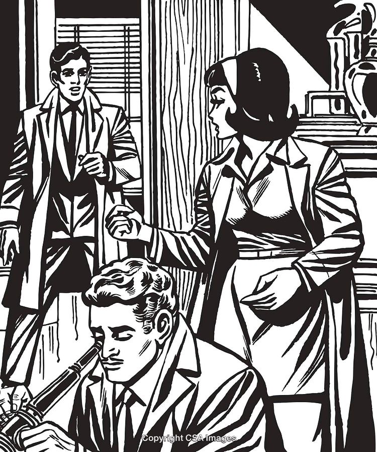 Vintage Noir Illustration Depicting Suspenseful Scene with Detective Characters