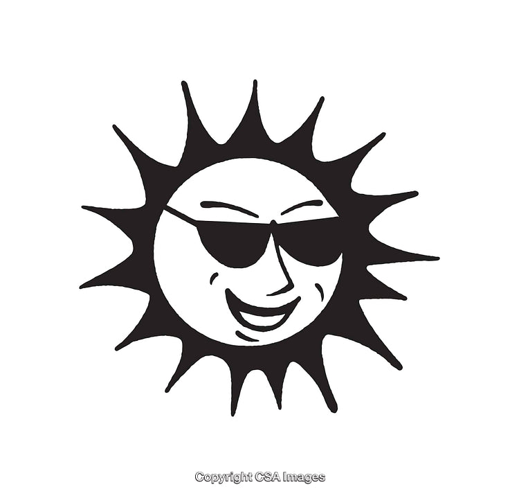 Black and White Illustration of Smiling Sun Wearing Cool Sunglasses