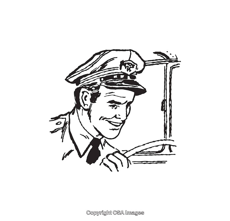 Vintage Black and White Illustration of a Uniformed Male Driver Smiling
