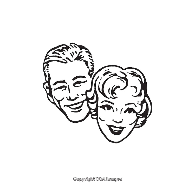 Retro Black and White Portrait of Smiling Couple Line Art