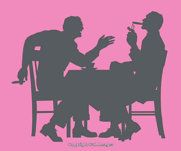Silhouettes of Two Men Conversing at a Table with Cigars