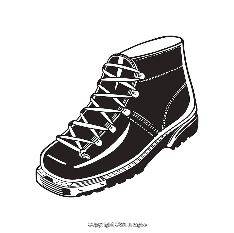 Black And White Illustration of a Single Boot with Detailed Laces