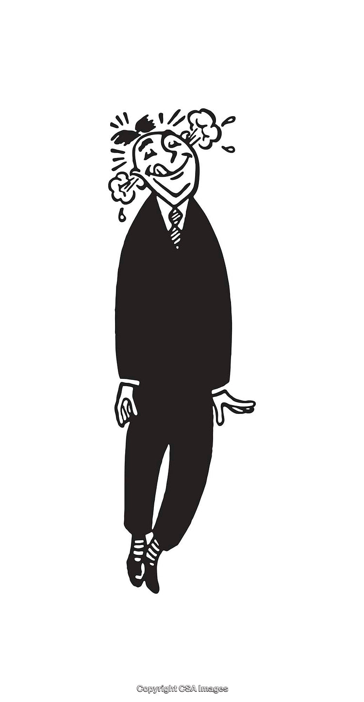 Black and White Cartoon Illustration of a Humorous Stressed Businessman
