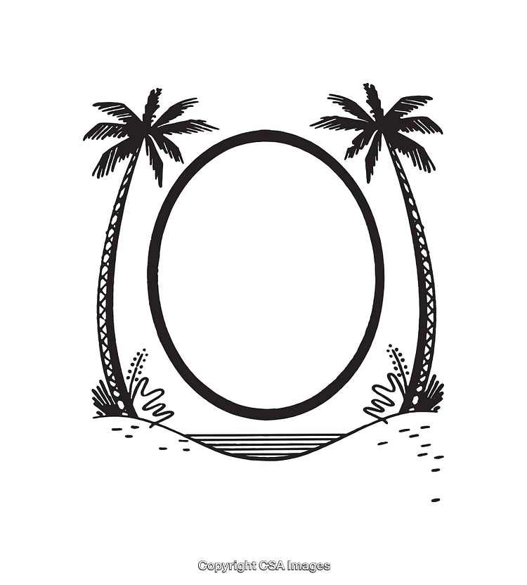 Oval Frame with Tropical Palm Trees Black and White Illustration