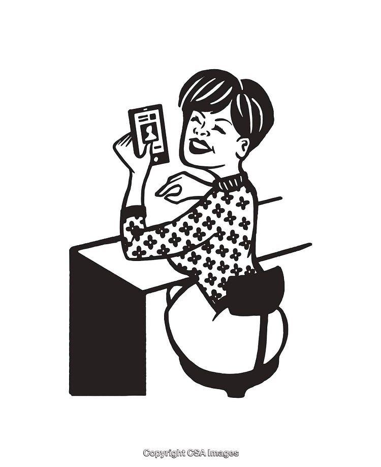 Black and White Illustration of a Sitting Woman Browsing on a Smartphone