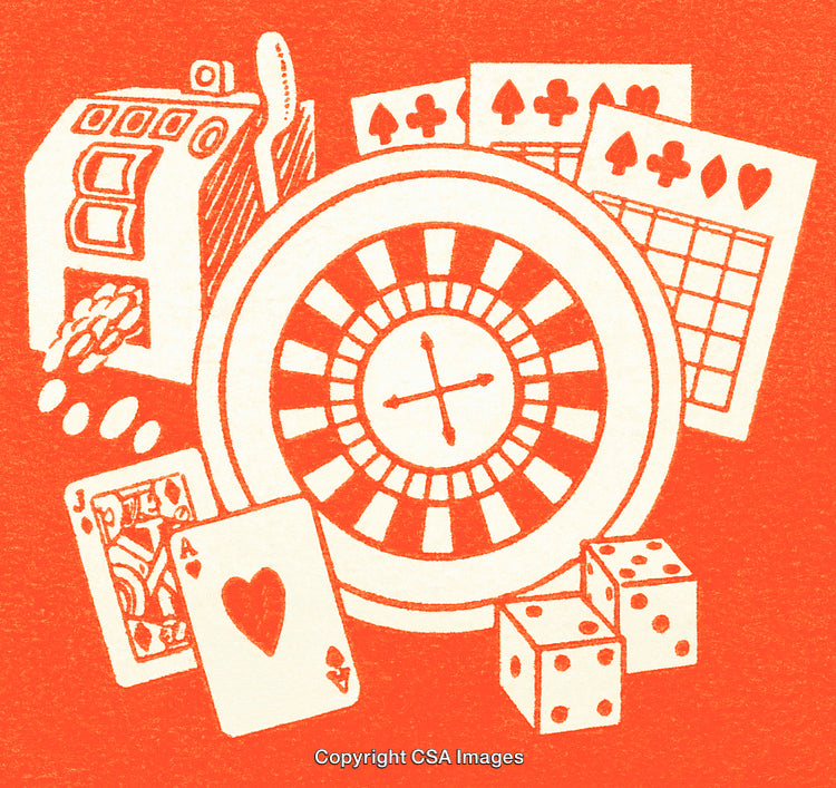 Stylized Illustration of a Casino Theme with Roulette, Cards, and Dice