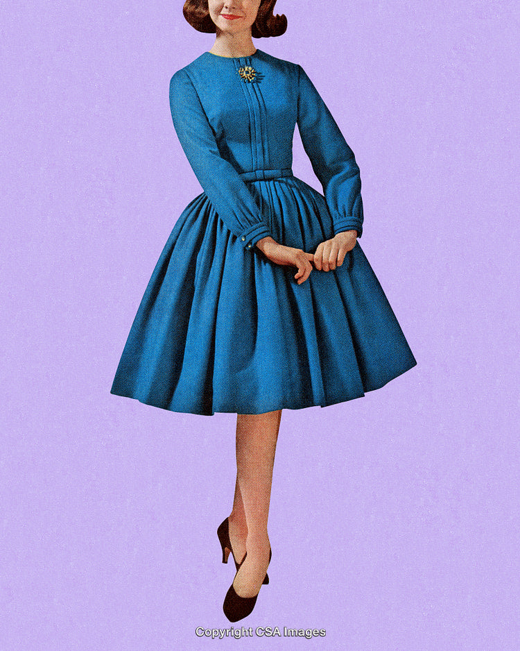 Retro Styled Woman in Blue Dress on Pastel Background