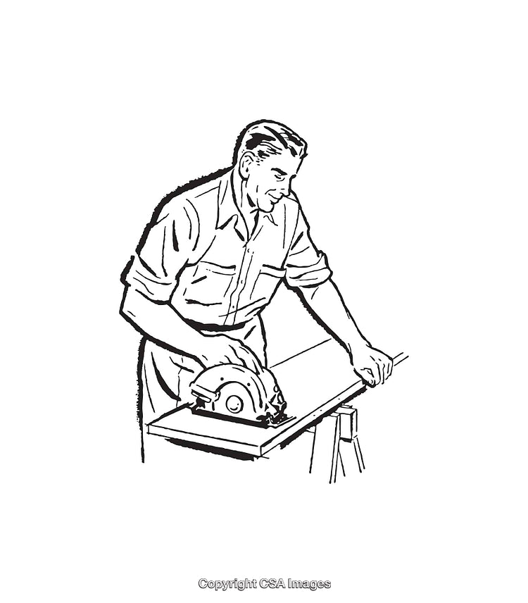 Vintage Black-And-White Illustration of a Man Working with a Circular Saw