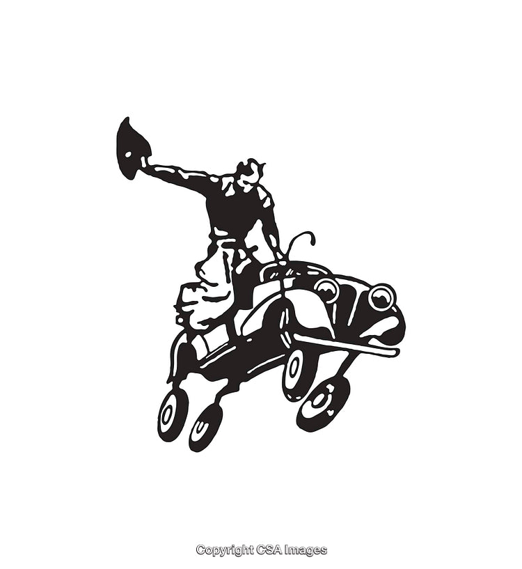 Vintage Black and White Illustration of a Flying Car and Rider