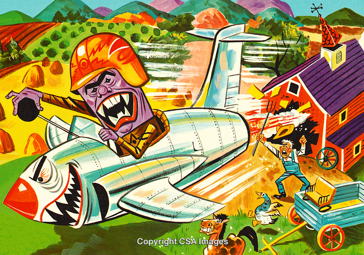 Colorful Cartoon Scene with a Farmer, Plane, and Rural Chaos