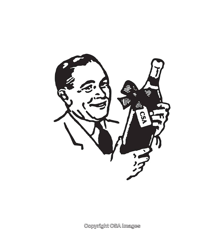 Vintage Black and White Illustration of Man Holding a Wrapped Bottle