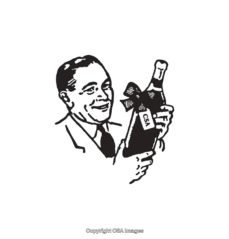Vintage Black and White Illustration of Man Holding a Wrapped Bottle