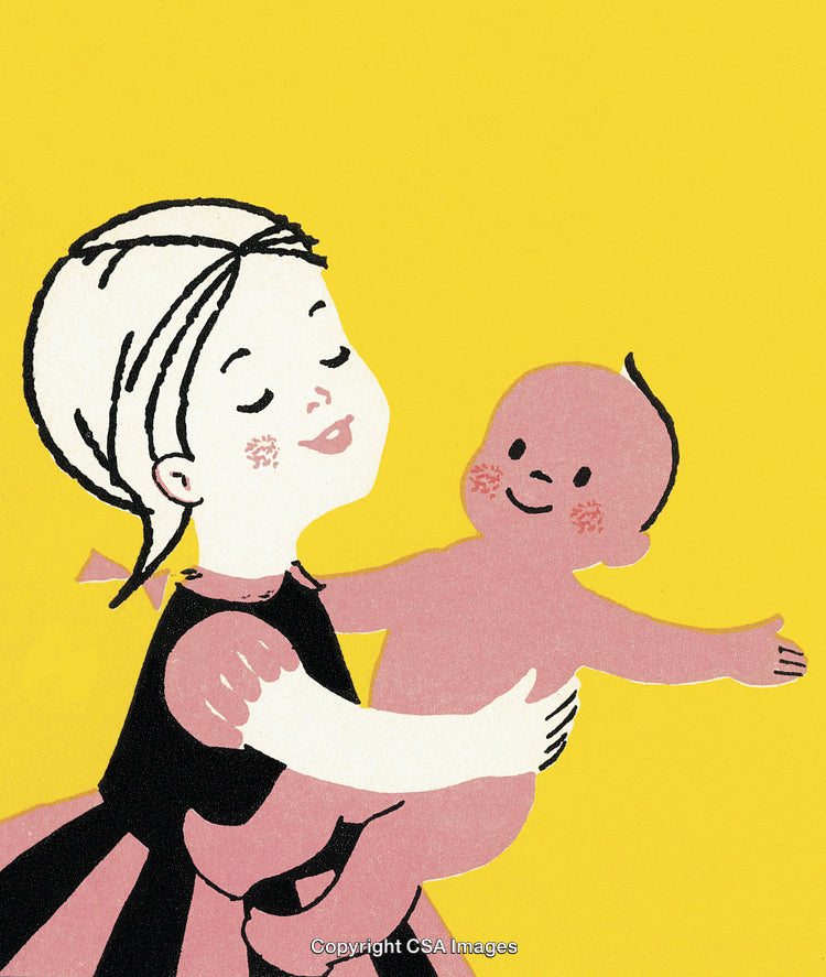 Illustrated Mother Embracing Smiling Baby Against a Yellow Background