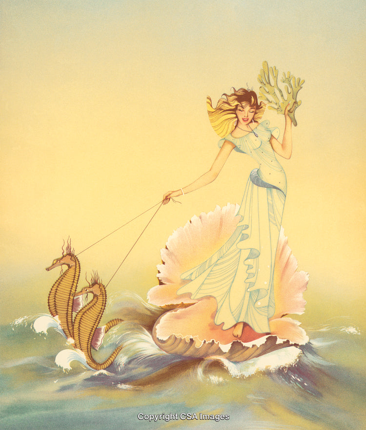 Elegant Mermaid Riding Seahorses on a Giant Shell Over Ocean Waves