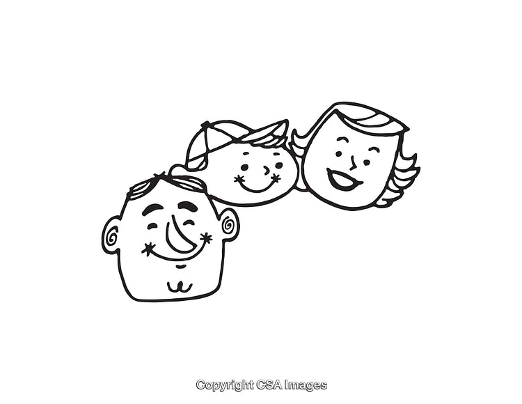 Black and White Line Art Illustration of a Happy Smiling Family Portrait