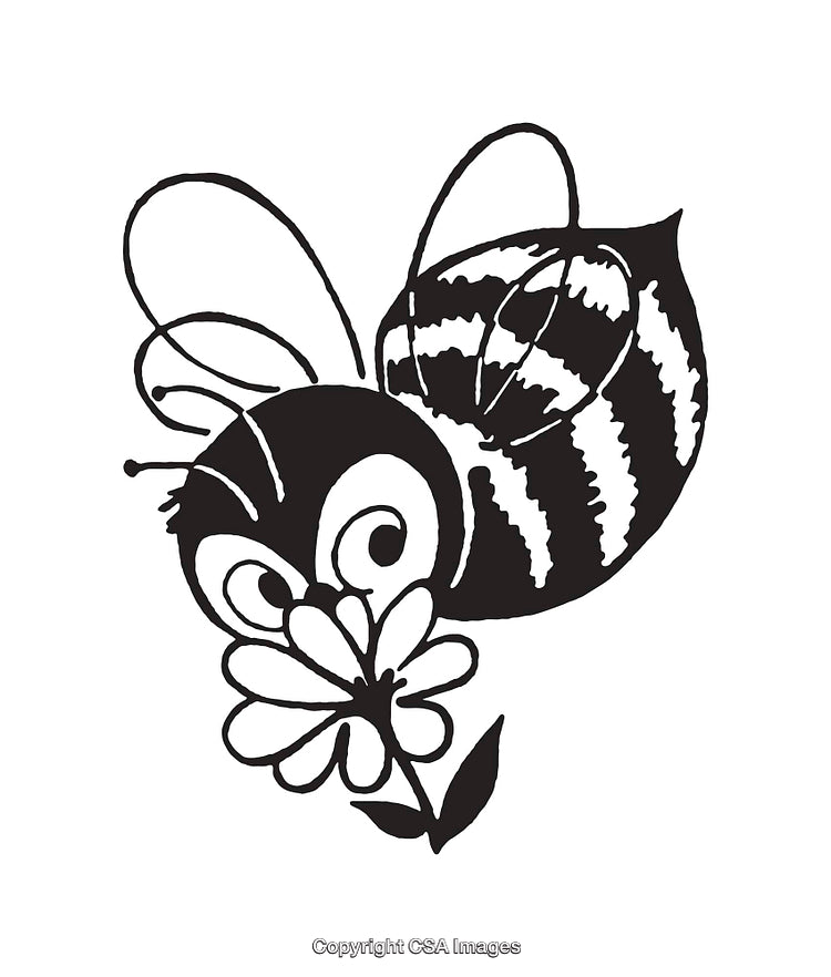 Black and White Cartoon Bee with Flower Line Art Illustration