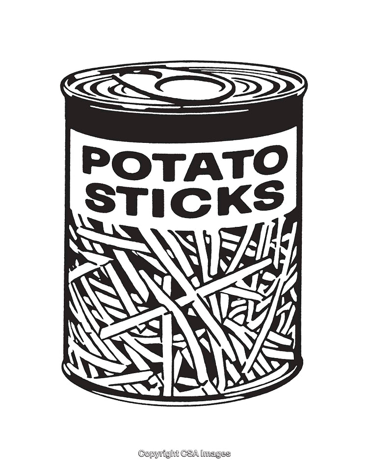 Black and White Line Art of Potato Sticks in Can Packaging