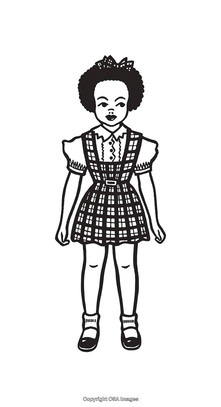 Black and White Illustration of Girl in Plaid Dress with Bow