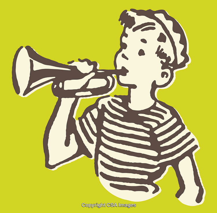 Vintage Line Art Illustration of a Boy Playing a Trumpet