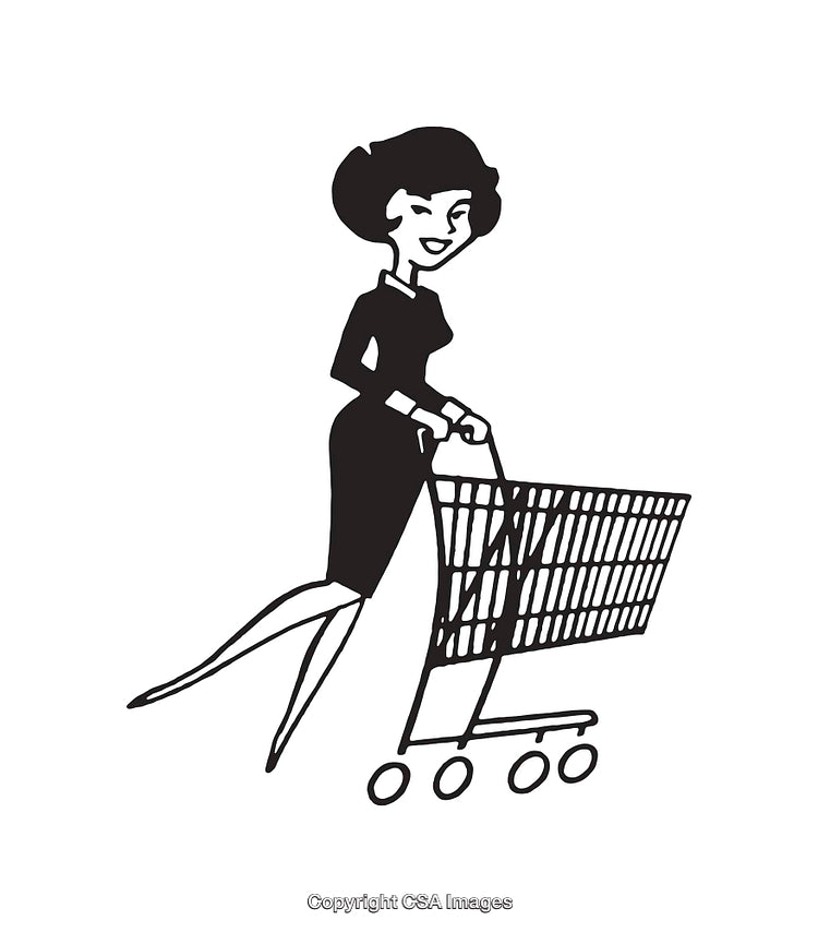 Vintage Style Line Art of Woman Shopping With Cart