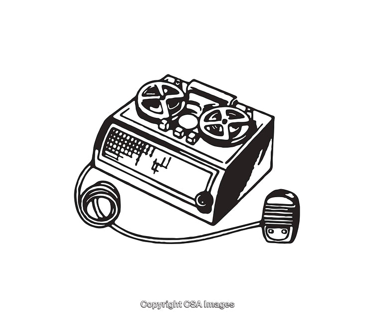 Vintage Reel-to-Reel Tape Recorder Illustration in Black and White Line Art