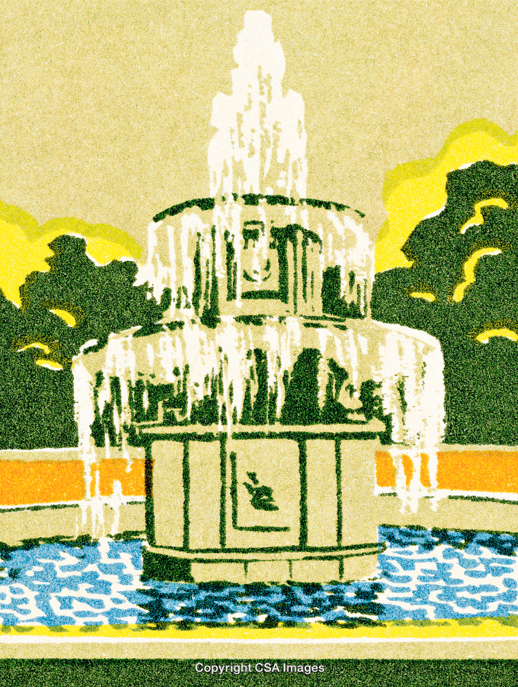Artistic Illustration of a Decorative Park Fountain With Surrounding Greenery