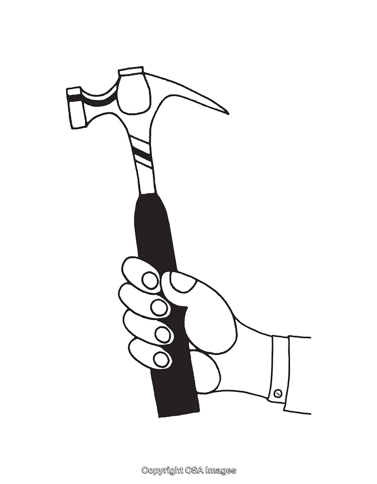 Black and White Line Art of a Hand Holding a Hammer