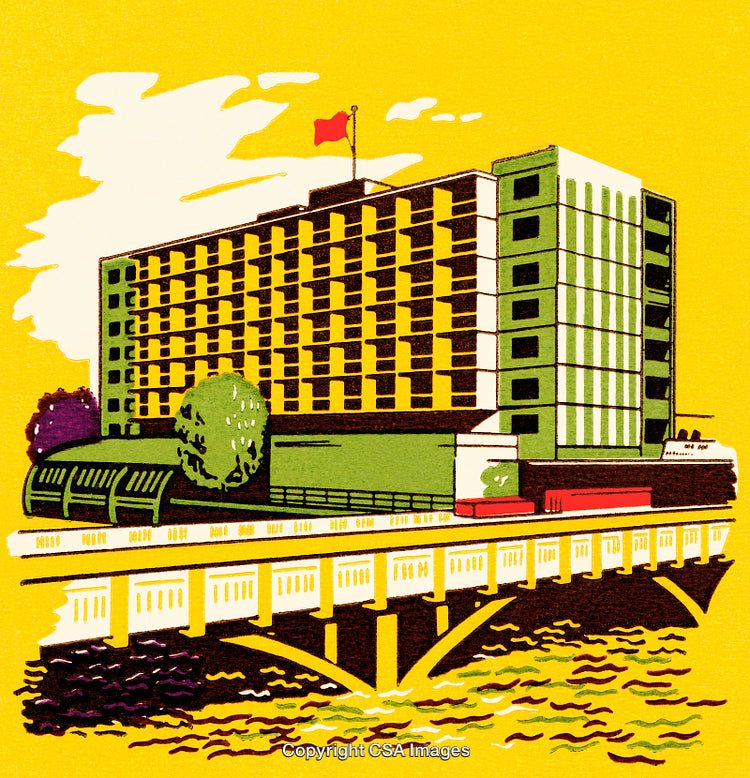 Modern Hotel Building on a Riverfront in Vibrant Silkscreen Illustration