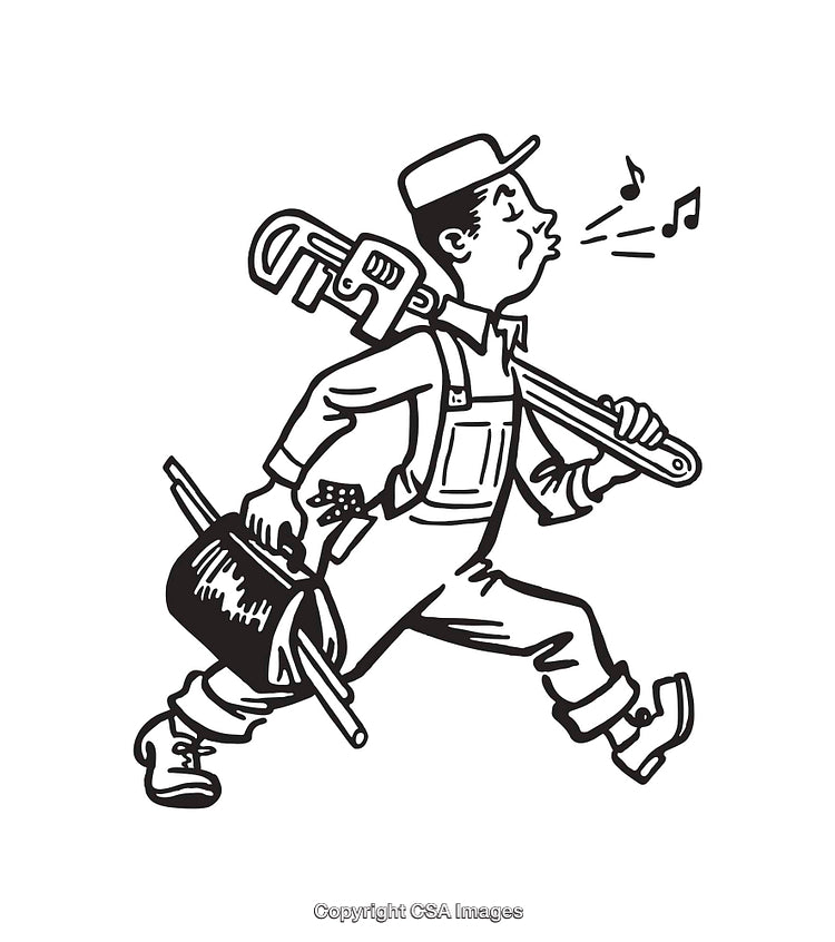 Retro Whistling Worker Carrying Tools in Black and White Line Art Illustration