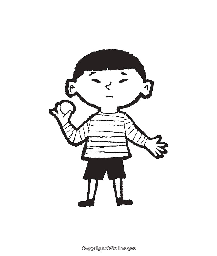 Black and White Line Art of Boy With Striped Shirt Holding an Object