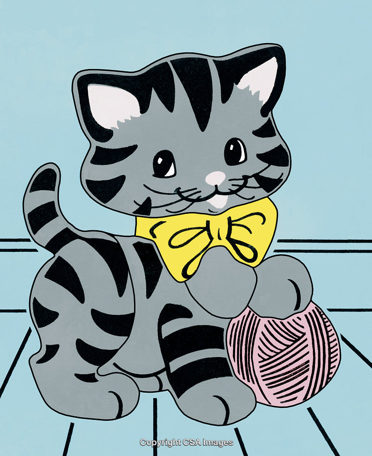 Adorable Cartoon Cat Playing With Yarn Wearing a Yellow Bow