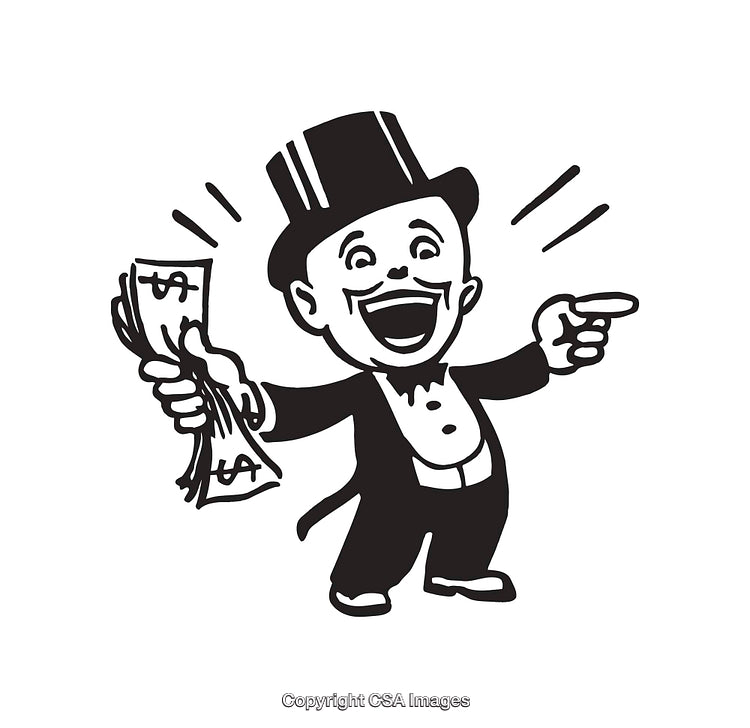 Vintage Black and White Character Holding Money and Pointing