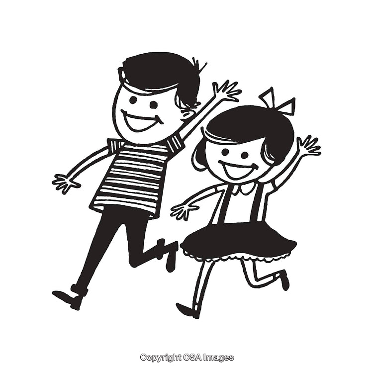 Cheerful Black and White Line Art of Two Happy Children