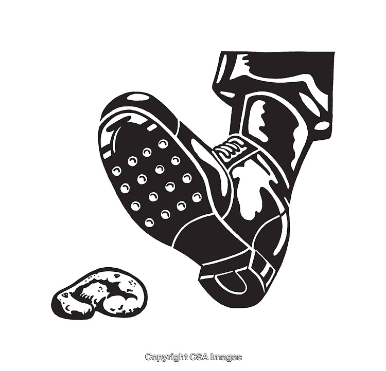 Black and White Line Art Depicting a Shoe Stomping on an Object