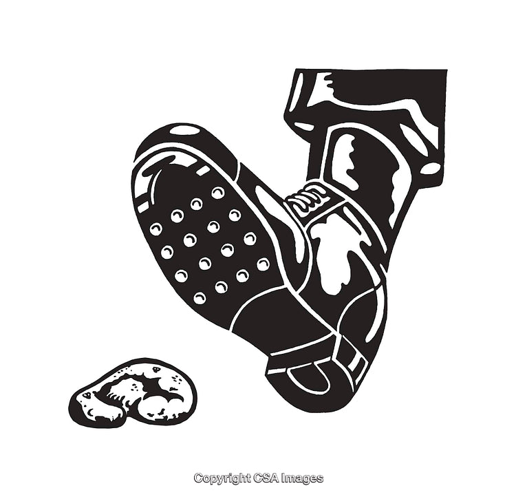 Black and White Line Art Depicting a Shoe Stomping on an Object