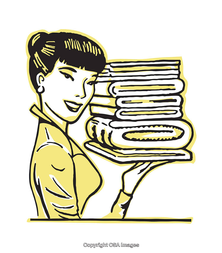 Vintage Illustration of a Woman Carrying Stack of Folded Laundry
