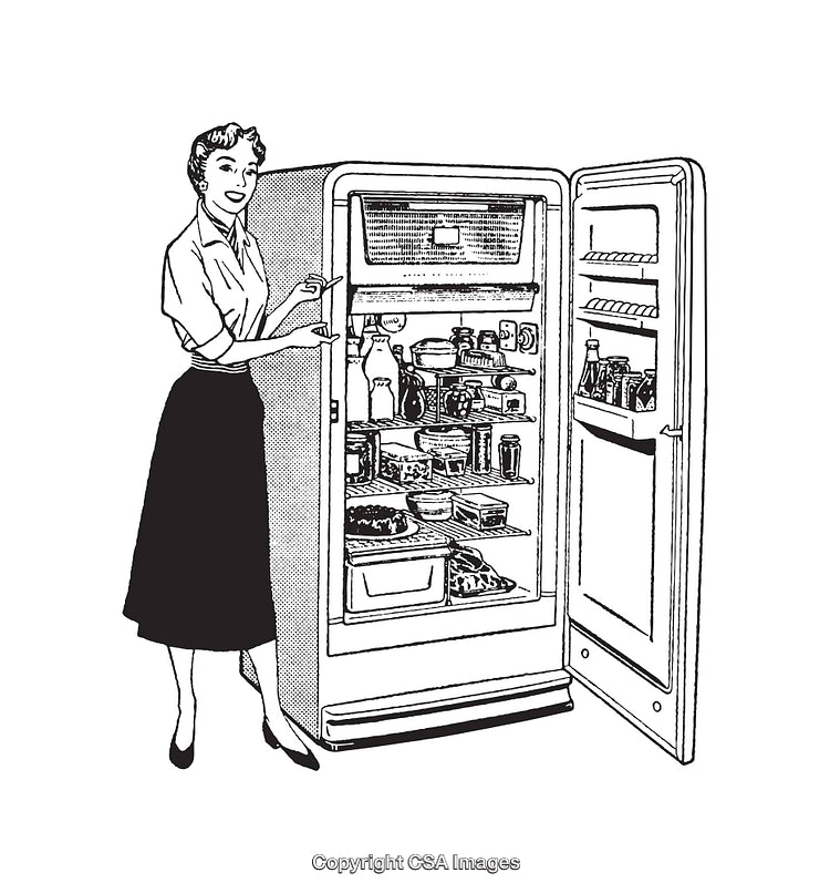 Vintage Line Art Illustration of a Woman by a Fully Stocked Refrigerator