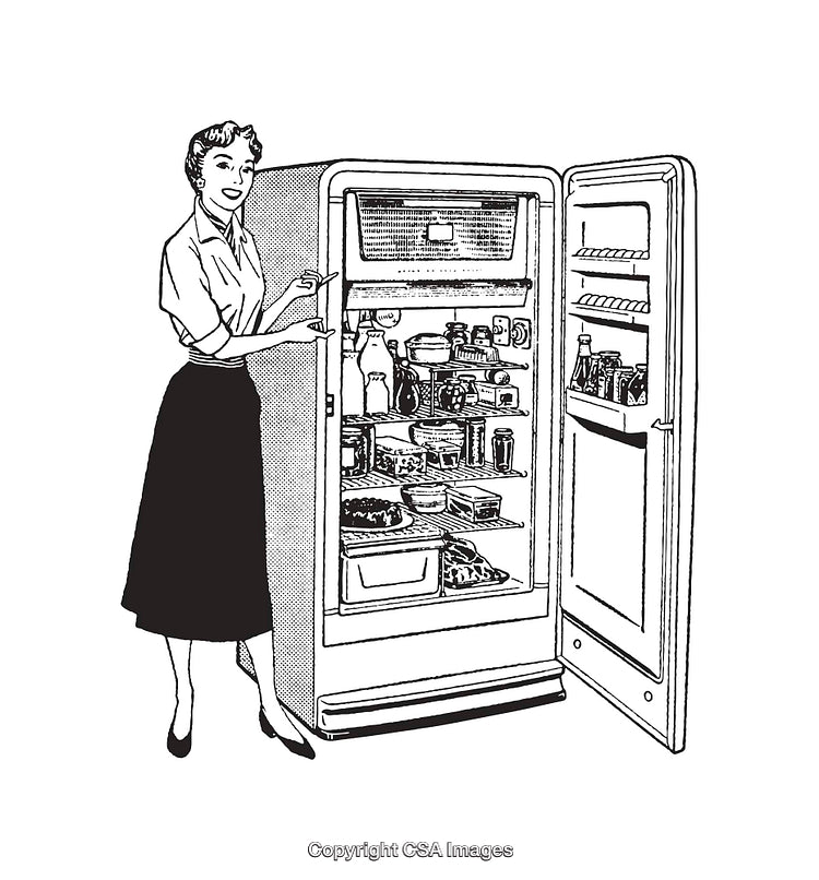 Vintage Line Art Illustration of a Woman by a Fully Stocked Refrigerator