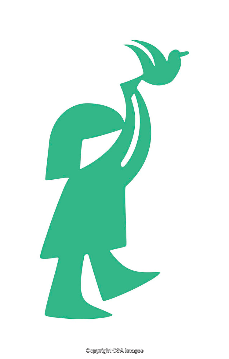 Green Icon of a Figure Raising a Bird in a Minimalist Style