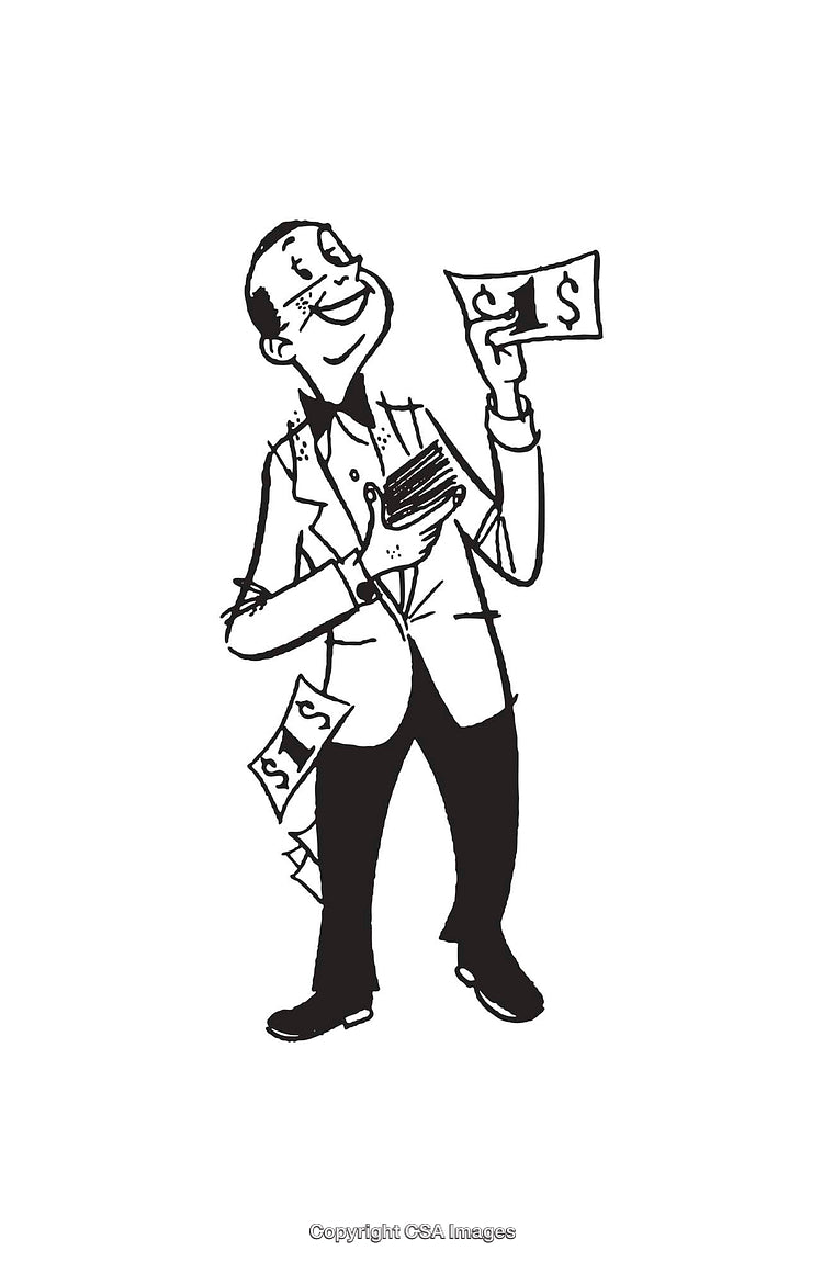 Black and White Illustration of a Happy Man Holding Money Bills