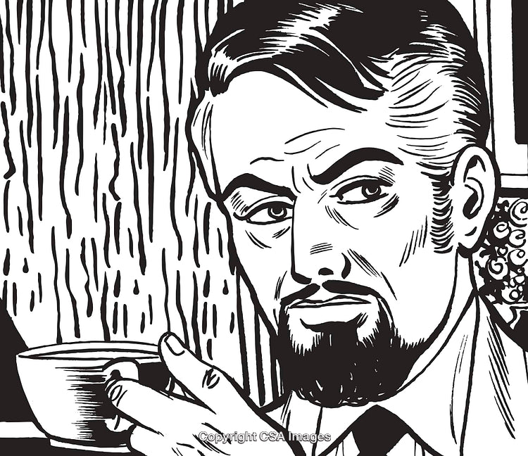 Vintage Black and White Line Art of a Thoughtful Man Enjoying a Cup of Tea