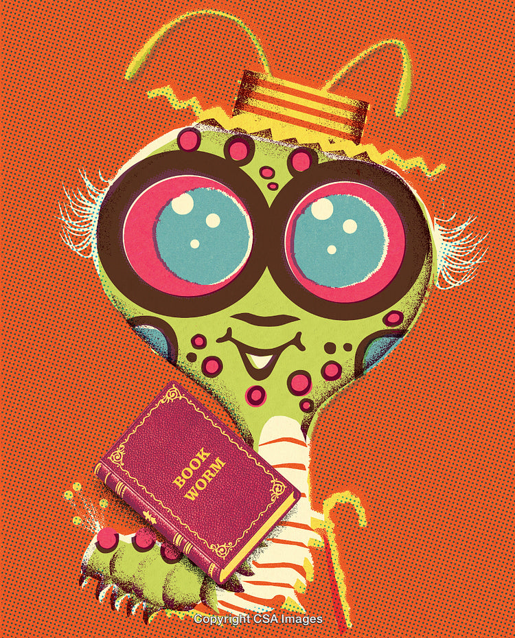 Colorful Cartoon Bug Holding a Book on Polka Dot Background