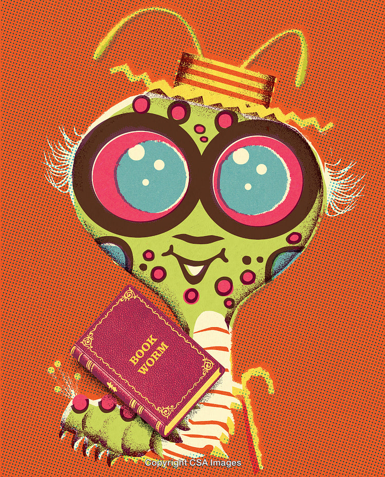 Colorful Cartoon Bug Holding a Book on Polka Dot Background