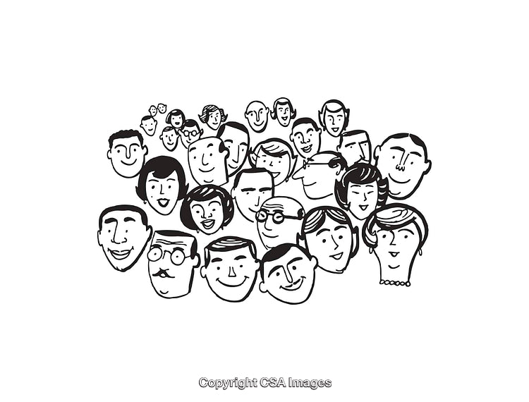 Black and White Line Art Depicting a Happy Group of Diverse Faces