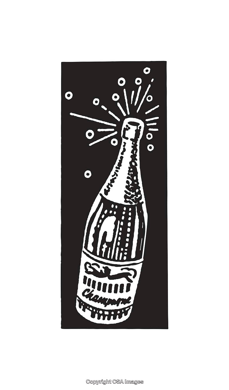 Black and White Line Art of Champagne Bottle with Bubbly Accents
