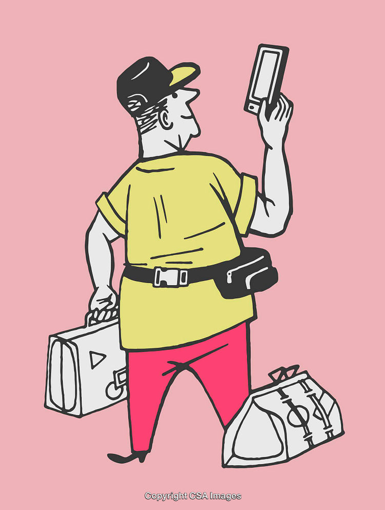 Traveler With Smartphone and Luggage in Colorful Line Art Illustration