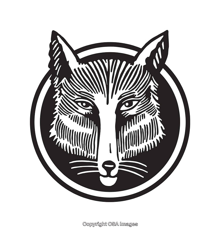 Intricate Black and White Fox Line Art Illustration in Circular Frame
