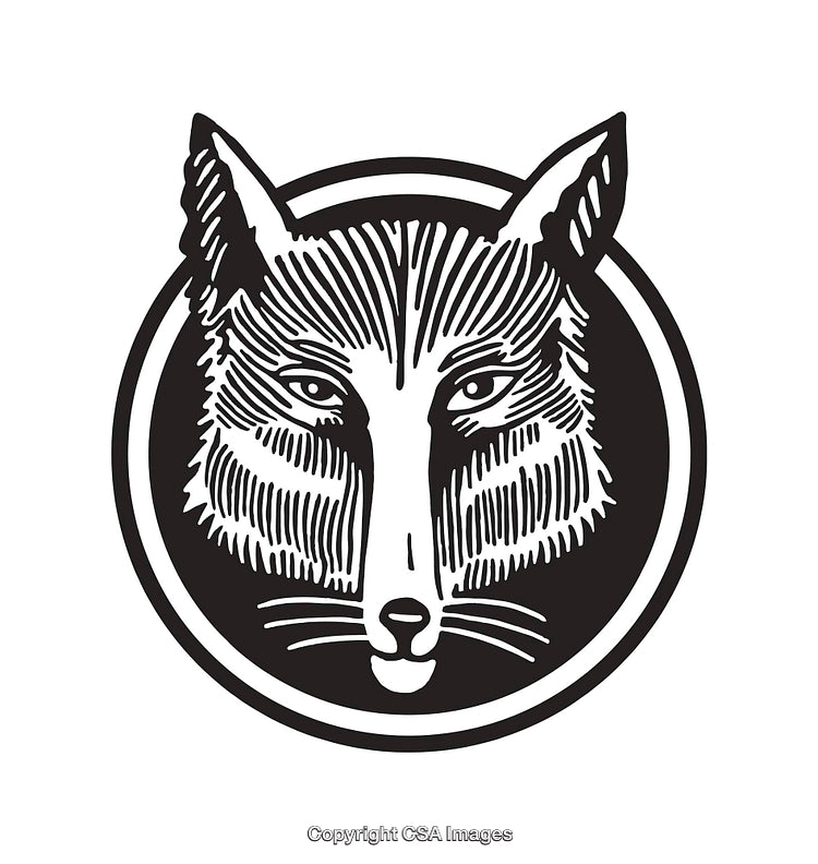 Intricate Black and White Fox Line Art Illustration in Circular Frame
